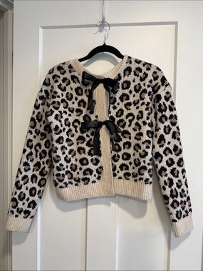 Leopard Tie-Front Cardigan Sweater - Cream/Tan/Black